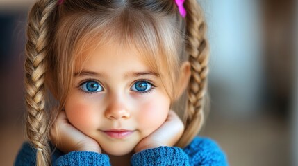 This charming image features a young girl with braided hair and a sweet expression, pristine focus highlighting her large, expressive eyes evoking a sense of warmth and curiosity.
