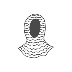 Chain Mail Knight Armor Icon. Medieval metallic head protection guard symbol. Outline vector illustration in doodle style