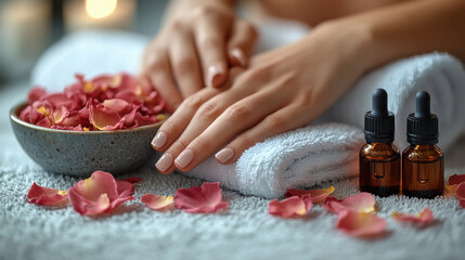 A woman hands resting on a soft towel, with a bowl of fragrant rose petals and essential oils beside her.