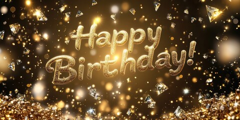Happy Birthday glittery text in gold and pink with sparkling gems and decorations