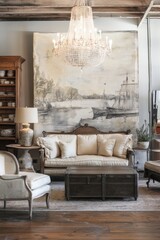 A beautifully decorated vintage living room featuring antique furniture, a grand chandelier, and a large art piece for a classic ambiance.