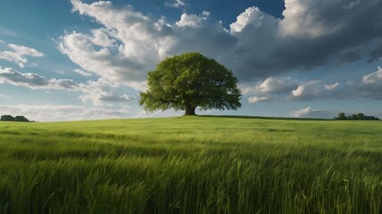 Obraz premium A lone, full-grown deciduous tree stands majestically in a vast, flat field of vibrant green wheat