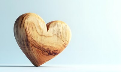 Carved wooden heart on light blue background.