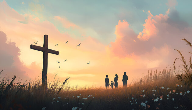Family Worship concept: Silhouette people looking for the cross on autumn sunrise background