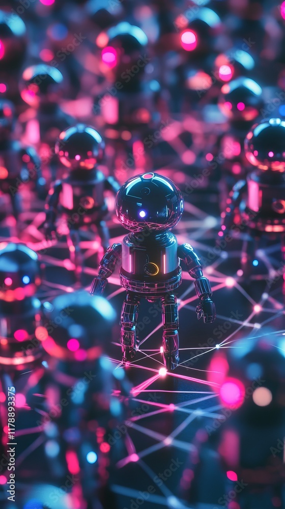 Poster a group of futuristic robots illuminated by neon lights, symbolizing advanced technology and artific