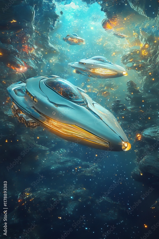 Wall mural group of spaceships are flying through space. the spaceships are surrounded by a lot of light and fi