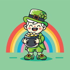 Leprechaun with Pot of Gold and Rainbow