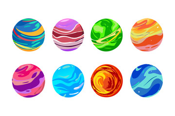 Modern vector illustrations of colorful planet icons with bold and stylish designs.  
