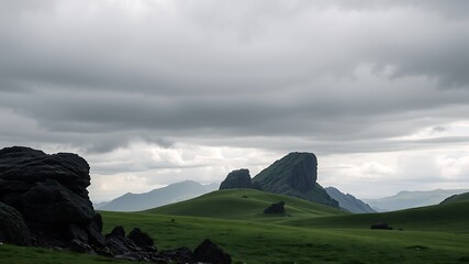 Serene landscape photography showcasing rolling green hills under a dramatic cloudy sky, featuring unique rock formations and distant mountains.