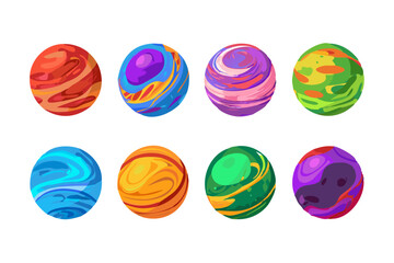 Playful and detailed vector collection of colorful planet icons with creative shapes.  
