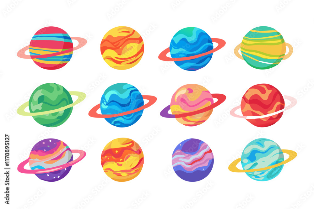 Wall mural creative collection of vibrant planet icons with bold and dynamic vector styles.