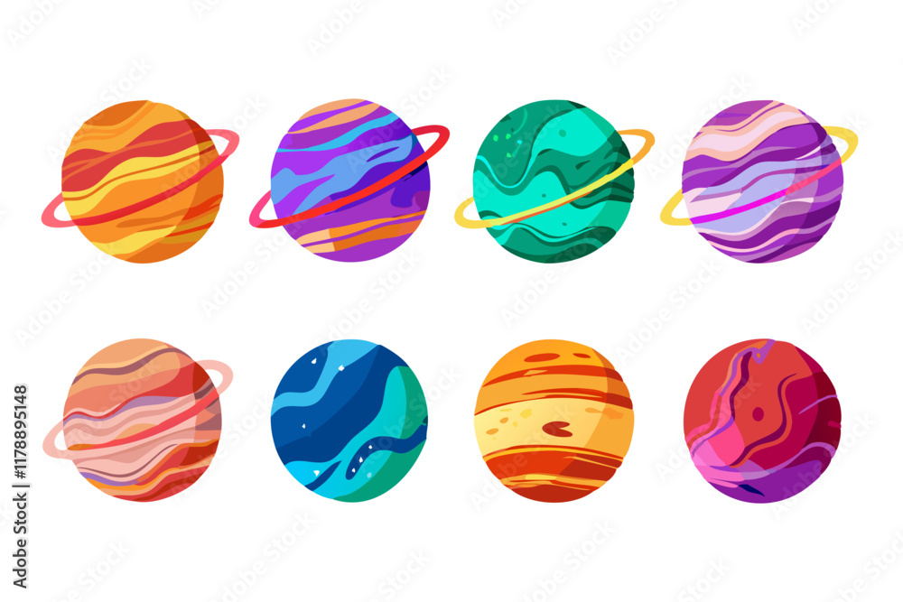 Poster set of unique colorful planet icons in a modern vector illustration.