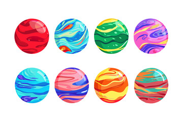 Vector collection of colorful planet icons with creative and vibrant designs.  
