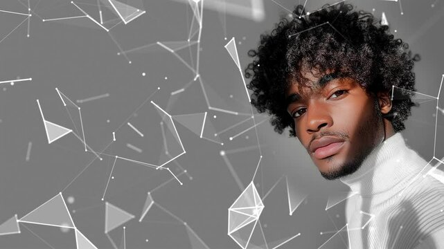 Looped background. Black male model thin aquiline nose long curly hair. Black man. Wow trends. Fashion. Elegant man. Fatal man. Looped effect. Looped particles. Looped animation. Generated AI.