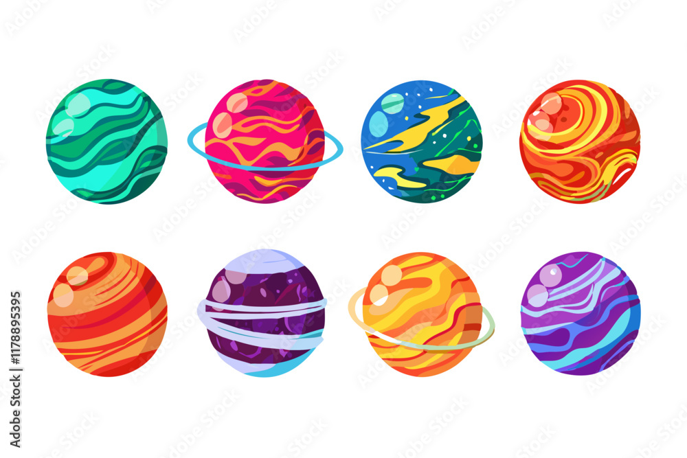 Poster a colorful collection of planet illustrations showcasing celestial bodies with unique textures and a