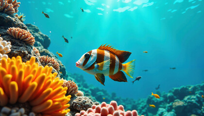 Fototapeta premium Colorful clownfish swimming among coral reef under ocean sunlight
