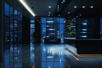 A stunning modern office interior showcasing cinematic lighting and a breathtaking city view at night. Ideal for showcasing professional environments.