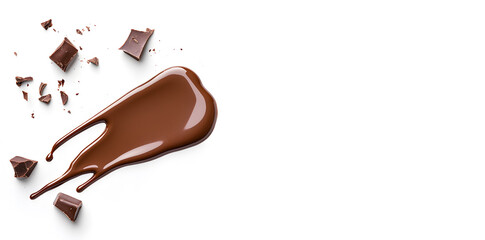 Obraz premium Melted dark chocolate dripping and flowing down from the top, isolated on white background