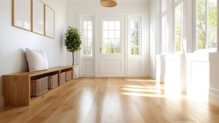 Bright and Airy Modern Entryway with Wooden Flooring and Natural Light Streaming Through Large Windows