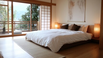 Fototapeta premium Modern Minimalist Japanese Bedroom with Natural Light and Serene Atmosphere
