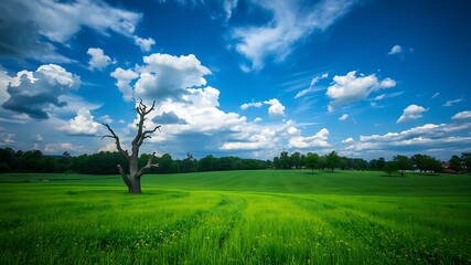Serene landscape photograph of a dead tree standing in a vibrant green field under a bright blue sky with fluffy white clouds.