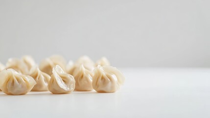 realistic photo of dumplings (jiaozi) placed neatly in the center of a clean white studio background. 