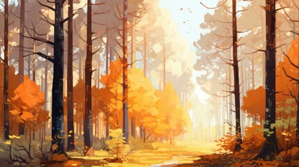Obraz premium Beautiful Autumn Forest with Sunlight Shining Through Trees and Leaves in Warm Colors, Capturing Nature's Serenity and Tranquility