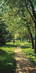 Obraz premium A peaceful park scene with a winding path, surrounded by tall trees and lush greenery, bathed in warm sunlight.
