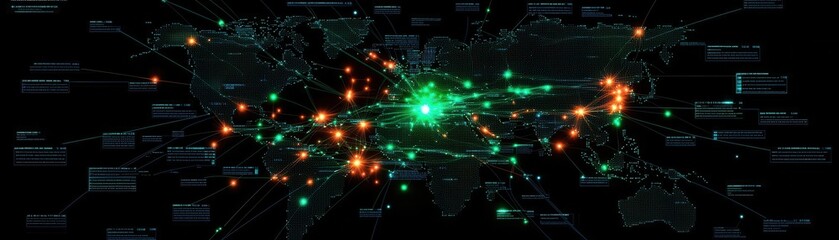 Obraz premium Global cybersecurity threat map visualizing attacks and vulnerabilities worldwide