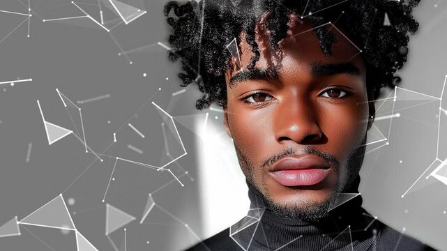 Looped background. Black male model thin aquiline nose long curly hair. Black man. Wow trends. Fashion. Elegant man. Fatal man. Looped effect. Looped particles. Looped animation. Generated AI.