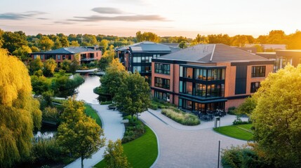 Fototapeta premium Modern architecture beside serene waterway and lush greenery in tranquil landscape during sunset
