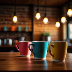 Fototapeta premium Dark wooden table with a steaming coffee cup.