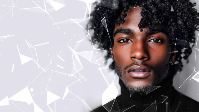 Looped background. Black male model thin aquiline nose long curly hair. Black man. Wow trends. Fashion. Elegant man. Fatal man. Looped effect. Looped particles. Looped animation. Generated AI.
