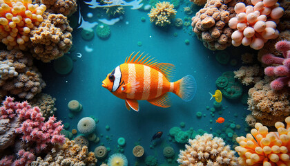 Fototapeta premium Vibrant orange fish swimming in coral reef with turquoise water