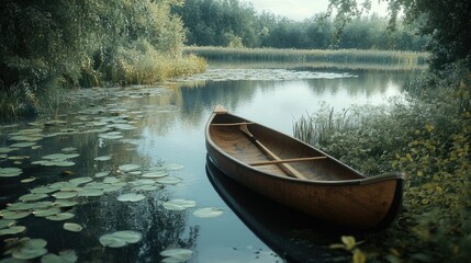 Obraz premium A peaceful fishing spot by a serene pond, complete with lily pads and a small wooden canoe resting on the bank.