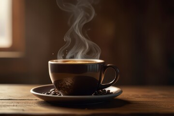 Fototapeta premium Dark wooden table with a steaming coffee cup.