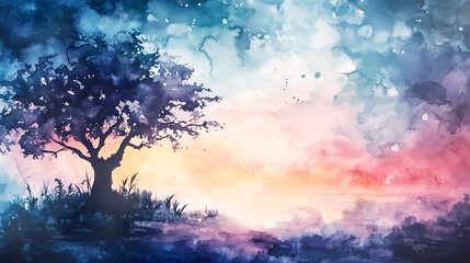 Fototapeta premium Dreamy watercolor landscape with a silhouetted tree against a vibrant, pastel sky at sunset or sunrise, evoking a peaceful and magical atmosphere.