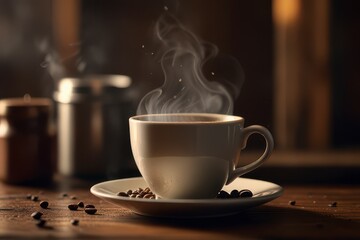 Fototapeta premium Dark wooden table with a steaming coffee cup.