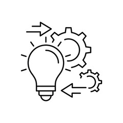 Implementation Vector Line Icon, solution execute develop, configuration cogwheel with light bulb, innovation analysis process, success industry preferences, vector illustration