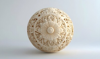 Intricate floral carving on a beige sphere.