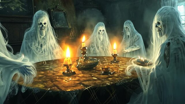 In this video, a gathering of ghosts can be seen sitting together around a table, engaged in a mysterious gathering, Victorian era ghostly figures gathered around a s&Atilde;&copy;ance inn