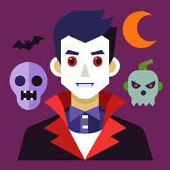 Cartoon vampire smiling next to glowing Halloween pumpkins at night.
