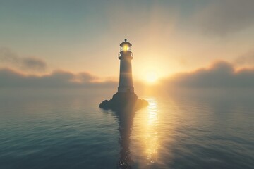 Fototapeta premium A tranquil lighthouse stands majestically at sunrise, surrounded by calm water. Soft clouds embrace the horizon, creating a serene atmosphere perfect for reflection.