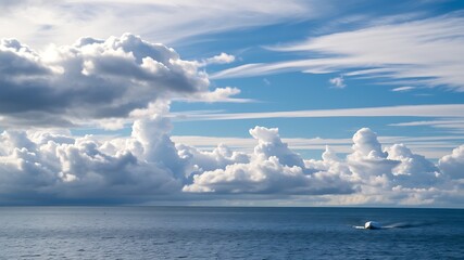 Obraz premium A solitary white boat sails on a vast, calm ocean under a dramatic sky filled with fluffy cumulus clouds.