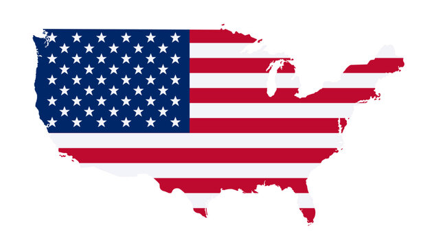 USA map of national flag or Stars and Stripes color isolated on white background. Country border, blank contour, flat design. Vector clipart for american politic and United States events illustration.