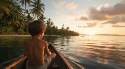 Fototapeta premium Child in Canoe Watching Sunset Over Tropical Island Landscape