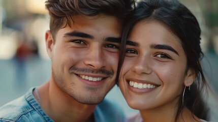 A close-up portrait of a young couple smiling at the camera.