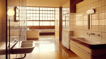 Naklejka premium A sunlit minimalist bathroom with clean lines and warm tones, showcasing a double sink, large window, and tiled walls.