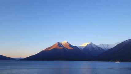 Fototapeta premium Serene sunrise over snow-capped mountains and calm fjord waters with a distant ship, a breathtaking norwegian landscape.