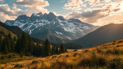 Obraz premium Majestic snow-capped mountains at sunset, overlooking a tranquil valley with evergreen forests and golden meadows.